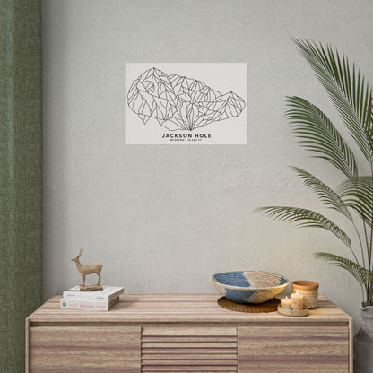 Jackson Hole poster displayed above a wooden cabinet beside a plant